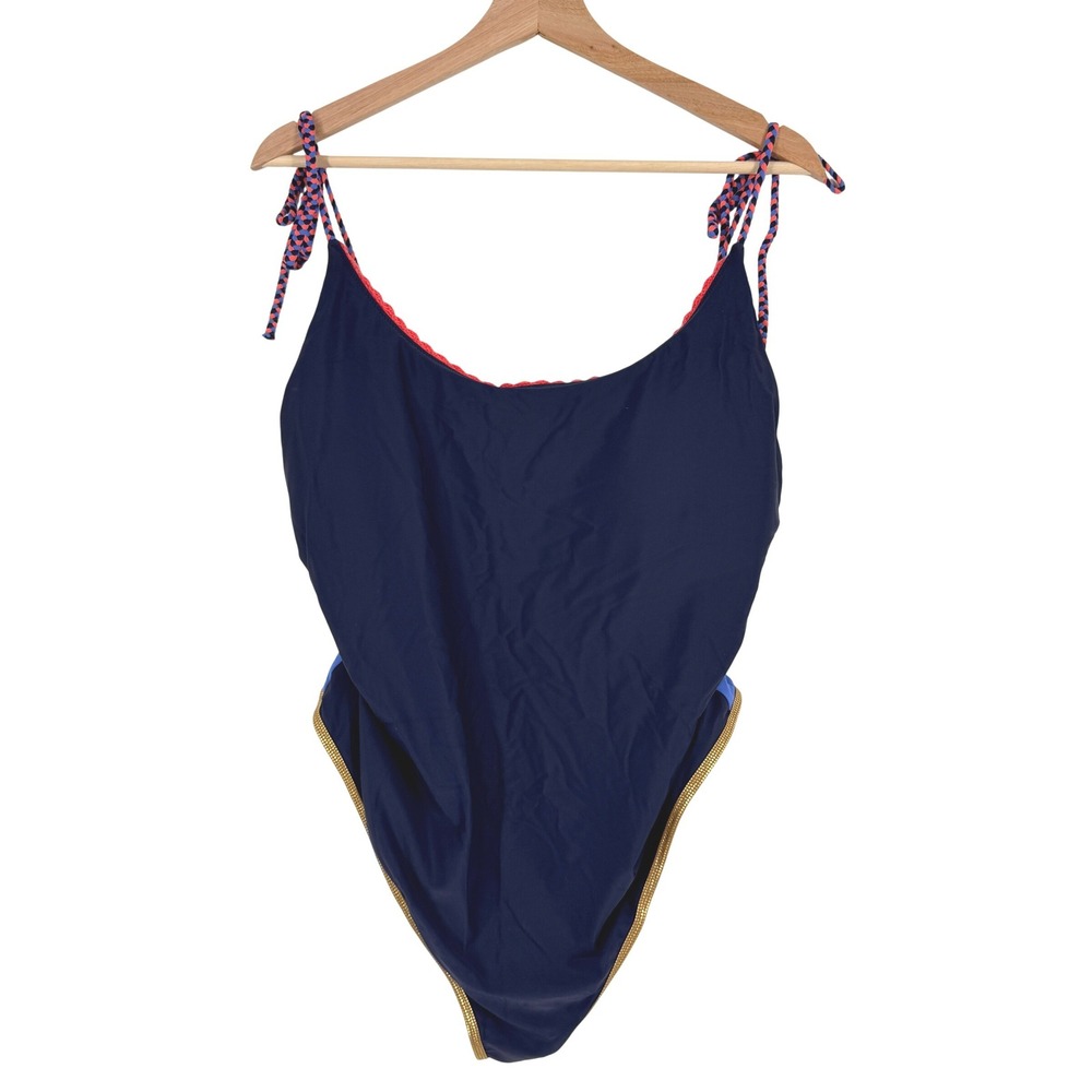Aerie Navy Blue Colorblock One Piece Swimsuit Gold Trim Cheeky XXL - Picture 1 of 10
